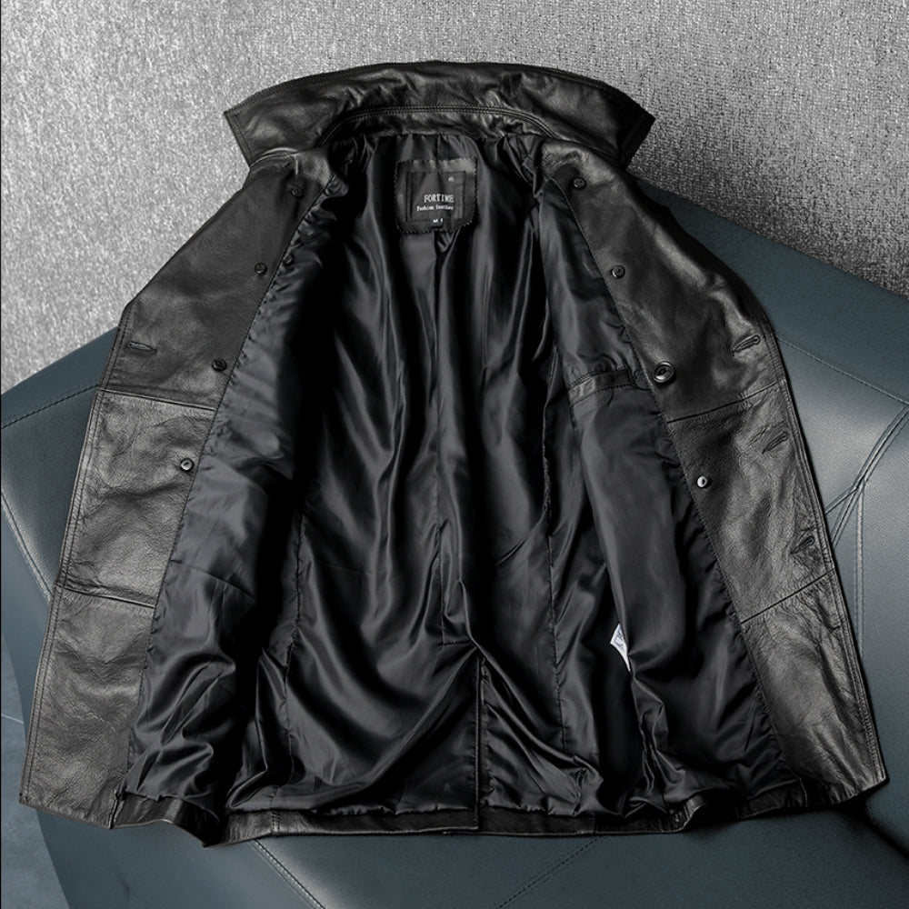 Mid-Length Windproof Suit-Style Genuine Leather Jacket
