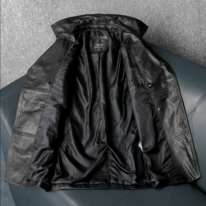 Mid-Length Windproof Suit-Style Genuine Leather Jacket