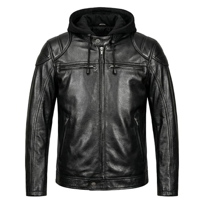 Detachable Hooded Slim Fit Motorcycle Leather Jacket