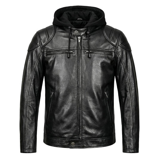 Detachable Hooded Slim Fit Motorcycle Leather Jacket