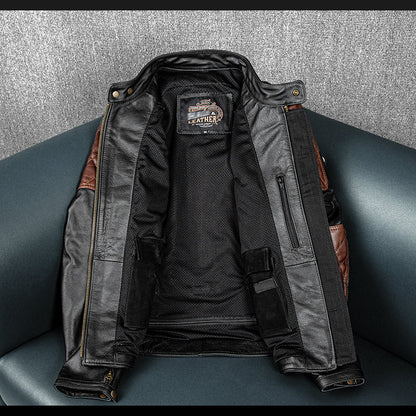 Plaid Stitching Motorcycle Genuine Leather Jacket
