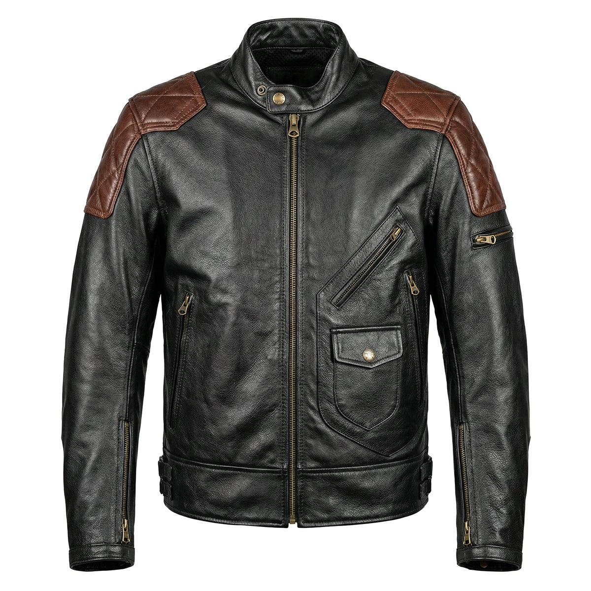 Plaid Stitching Motorcycle Genuine Leather Jacket
