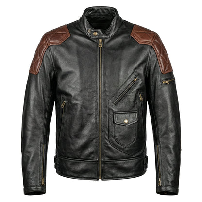 Plaid Stitching Motorcycle Genuine Leather Jacket