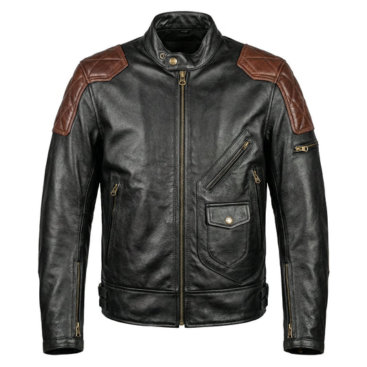 Plaid Stitching Motorcycle Genuine Leather Jacket