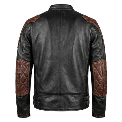 Plaid Stitching Motorcycle Genuine Leather Jacket