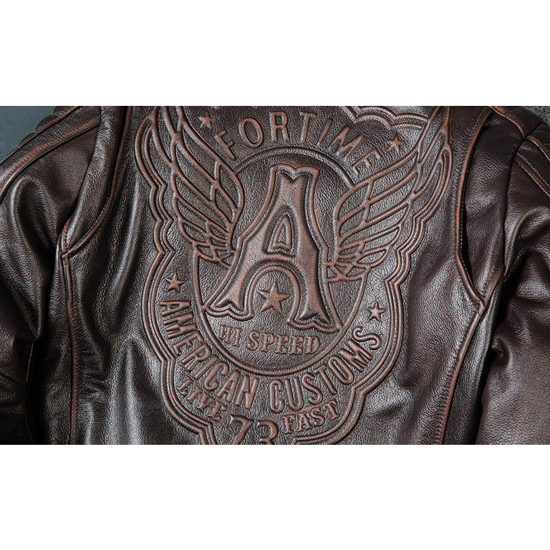 Large Lapel Motorcycle Cowhide Leather Jacket