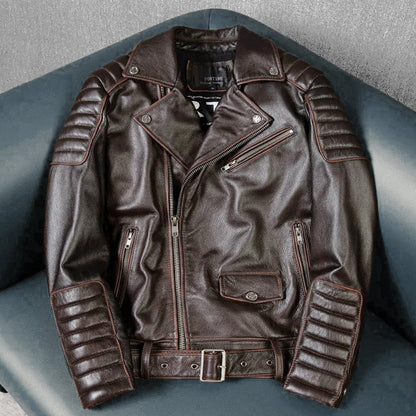 Large Lapel Motorcycle Cowhide Leather Jacket