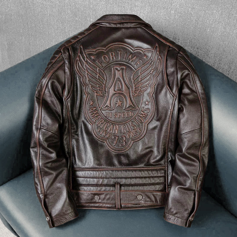 Large Lapel Motorcycle Cowhide Leather Jacket