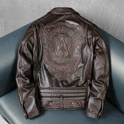 Large Lapel Motorcycle Cowhide Leather Jacket