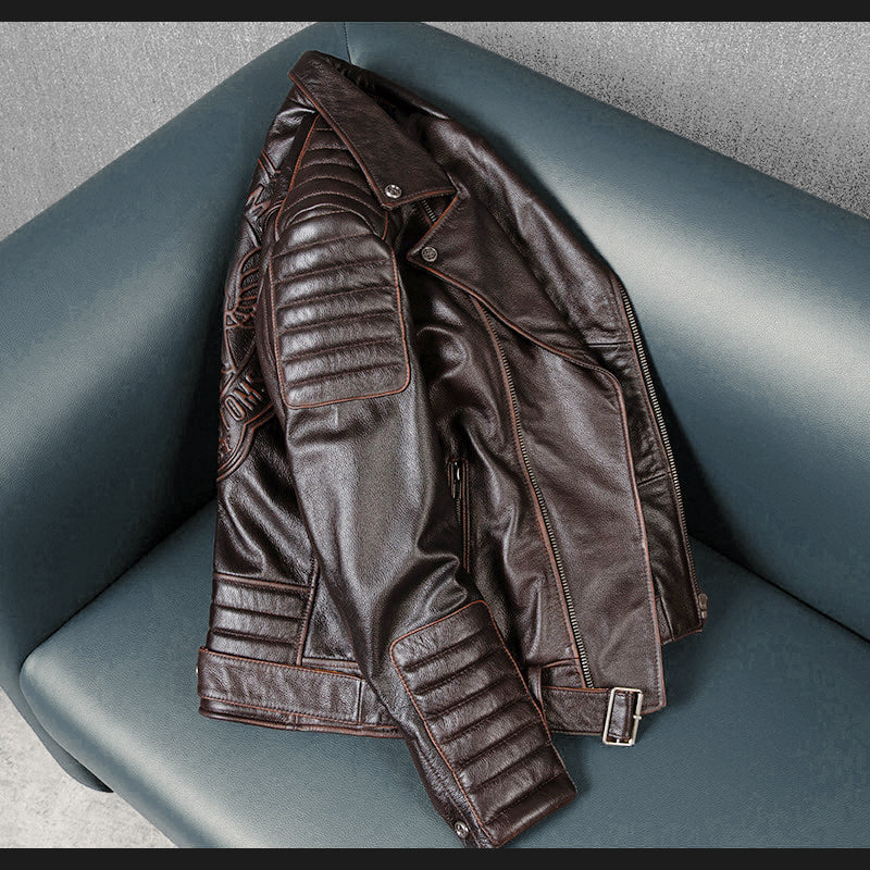 Large Lapel Motorcycle Cowhide Leather Jacket
