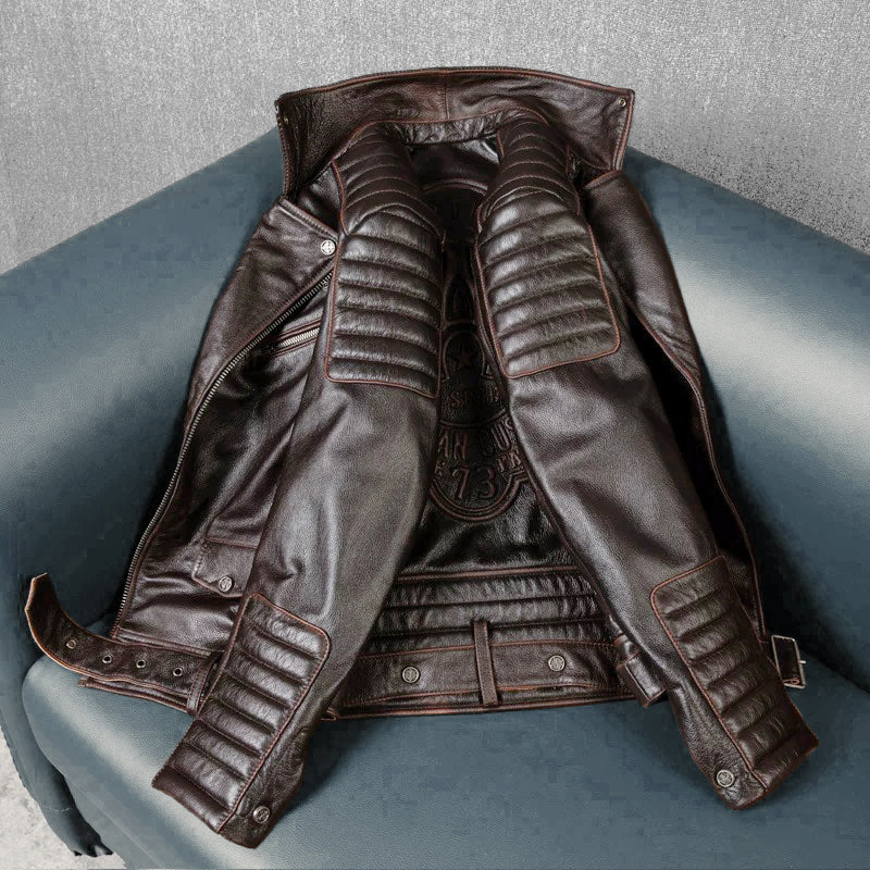 Large Lapel Motorcycle Cowhide Leather Jacket