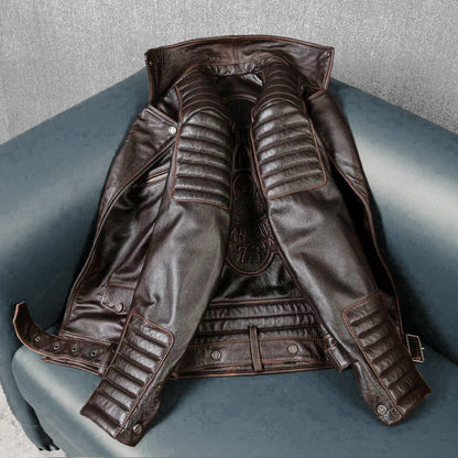 Large Lapel Motorcycle Cowhide Leather Jacket