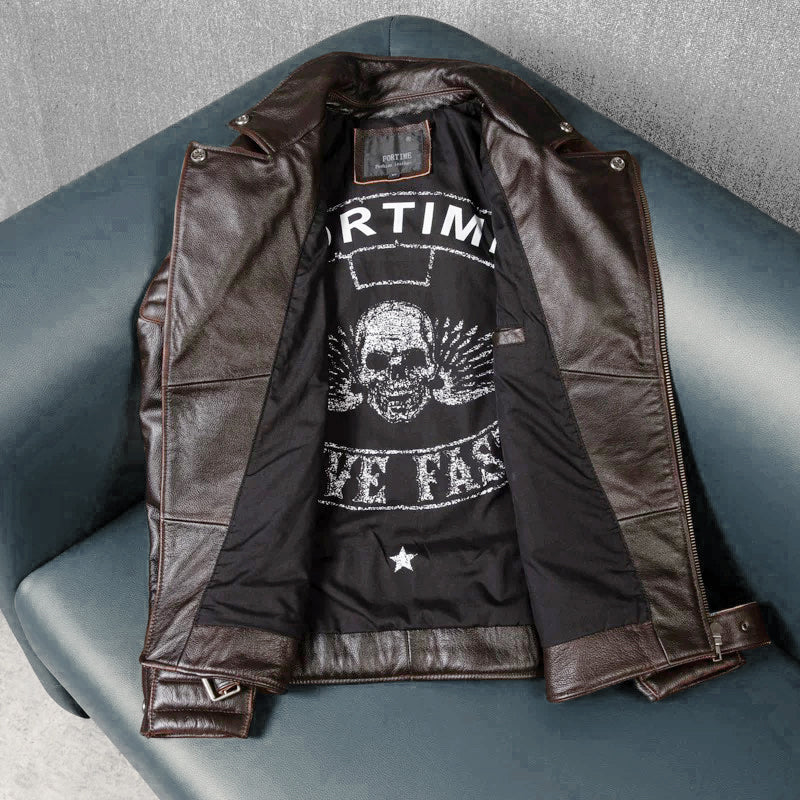 Large Lapel Motorcycle Cowhide Leather Jacket