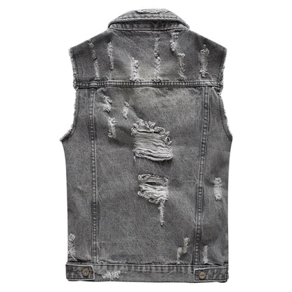 Ripped Denim Vest Grey For Motorcycle Bikers