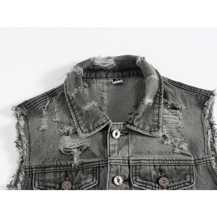 Ripped Denim Vest Grey For Motorcycle Bikers