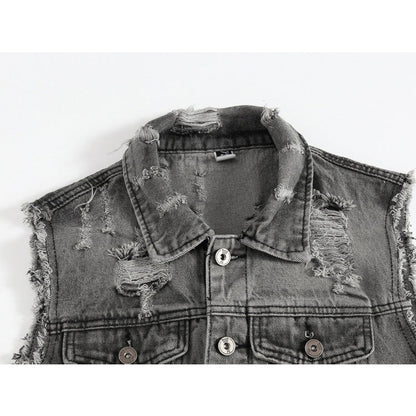 Ripped Denim Vest Grey For Motorcycle Bikers