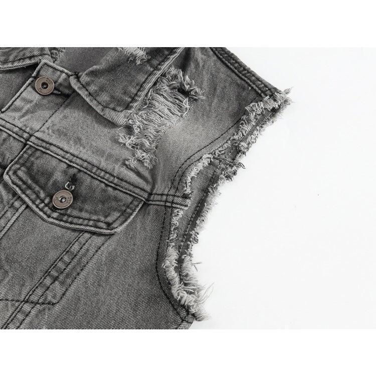 Ripped Denim Vest Grey For Motorcycle Bikers