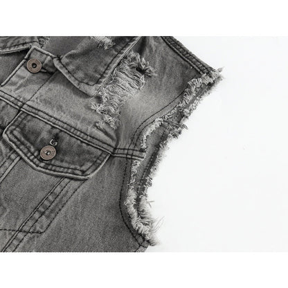 Ripped Denim Vest Grey For Motorcycle Bikers