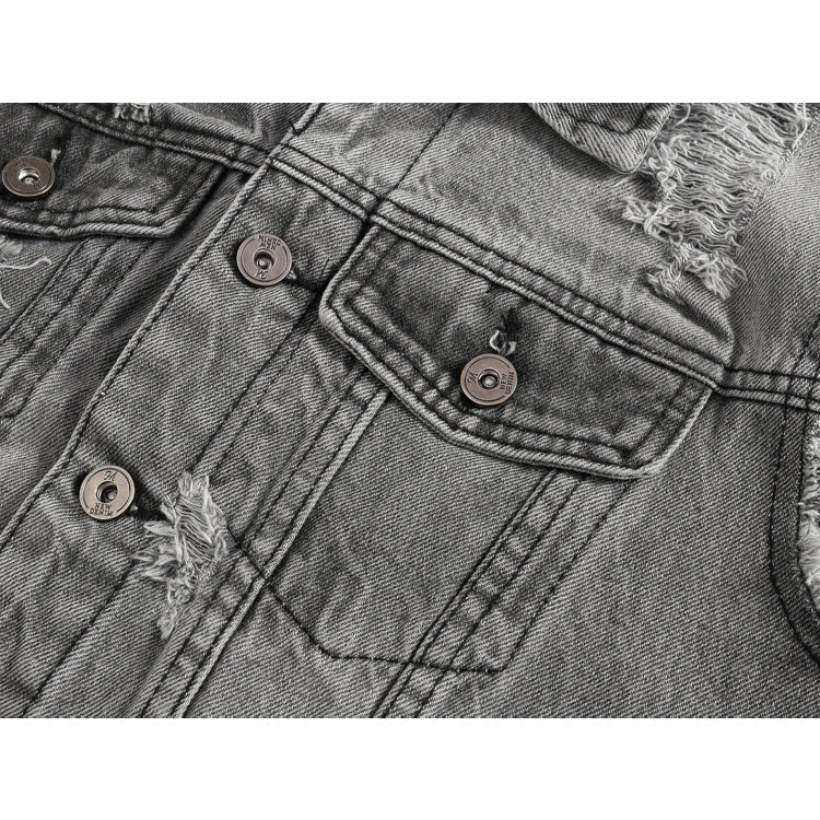 Ripped Denim Vest Grey For Motorcycle Bikers