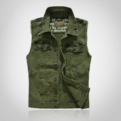Debossed Printed Ripped Denim Vest