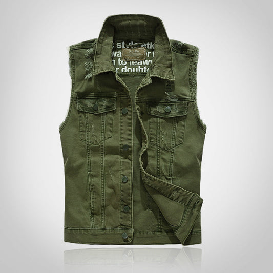 Debossed Printed Ripped Denim Vest