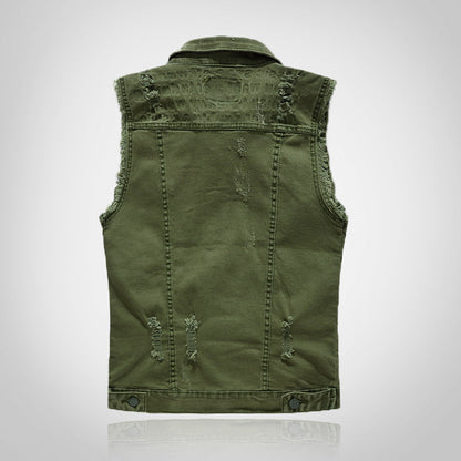 Debossed Printed Ripped Denim Vest