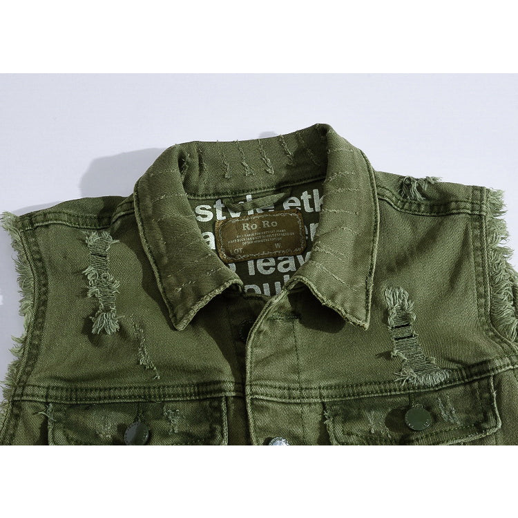 Debossed Printed Ripped Denim Vest