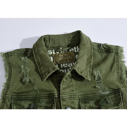 Debossed Printed Ripped Denim Vest