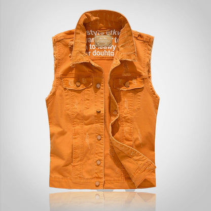 Debossed Printed Ripped Denim Vest