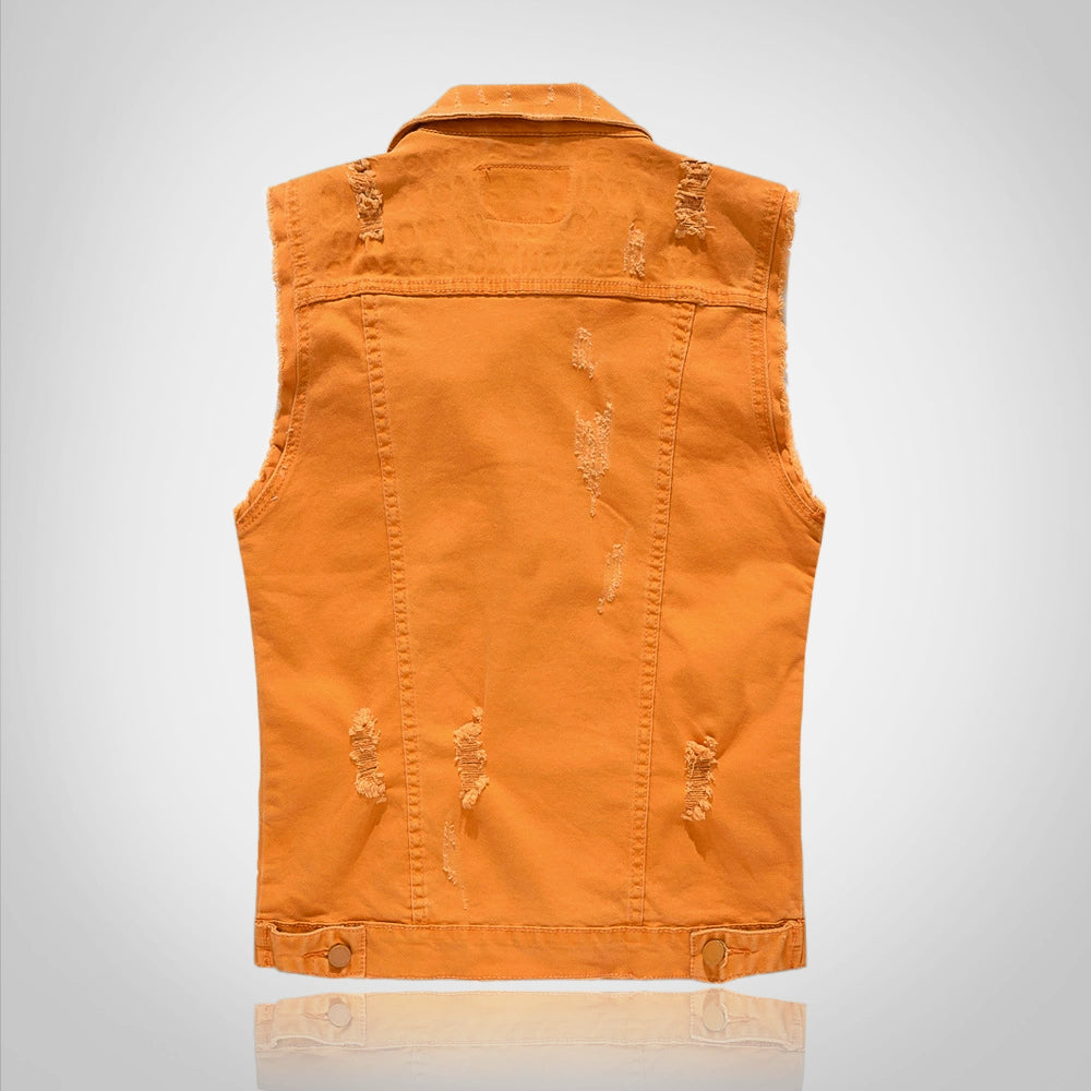 Debossed Printed Ripped Denim Vest