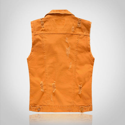 Debossed Printed Ripped Denim Vest