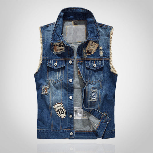 Retro Dark Blue Ripped Denim Vest