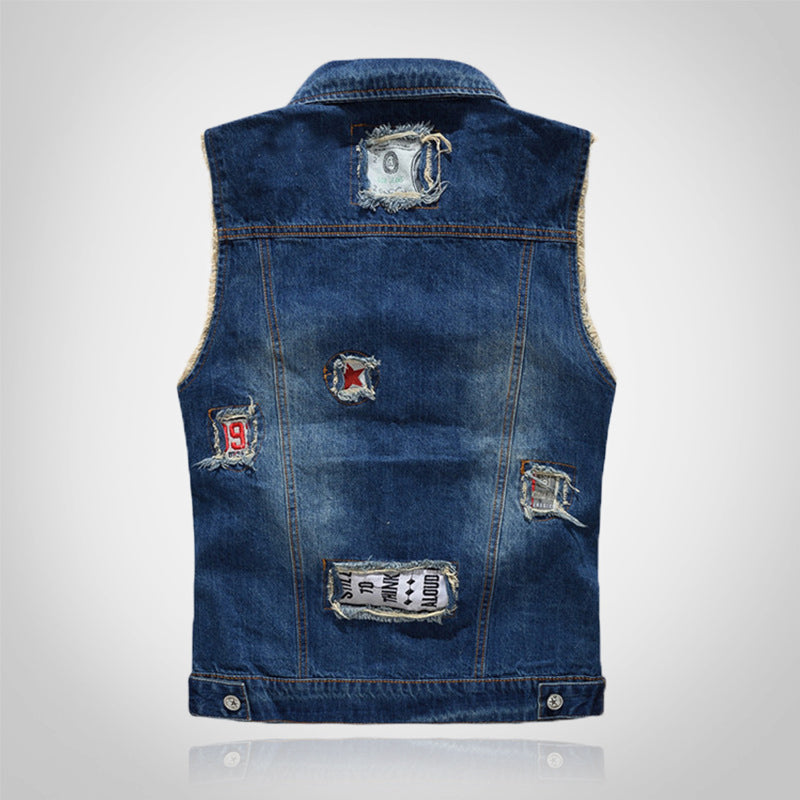 Retro Dark Blue Ripped Denim Vest
