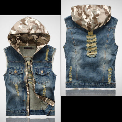 Camouflage Ripped Denim Vest with Hooded
