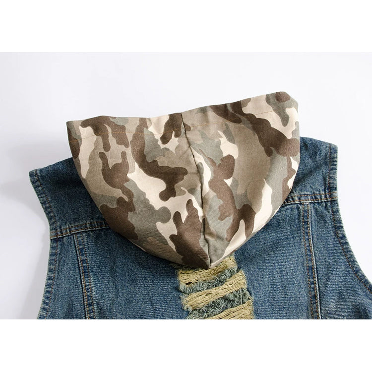 Camouflage Ripped Denim Vest with Hooded