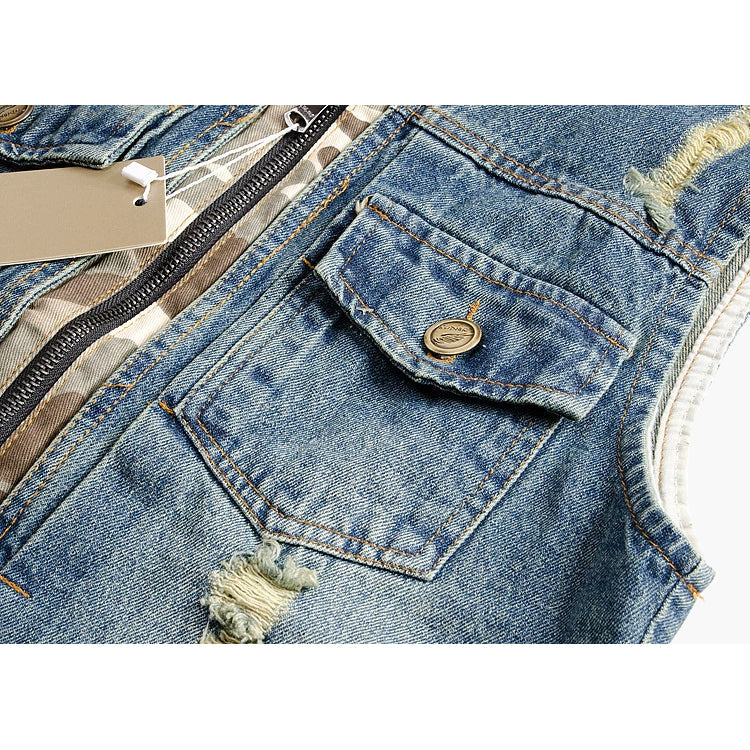 Camouflage Ripped Denim Vest with Hooded
