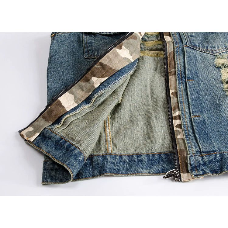 Camouflage Ripped Denim Vest with Hooded