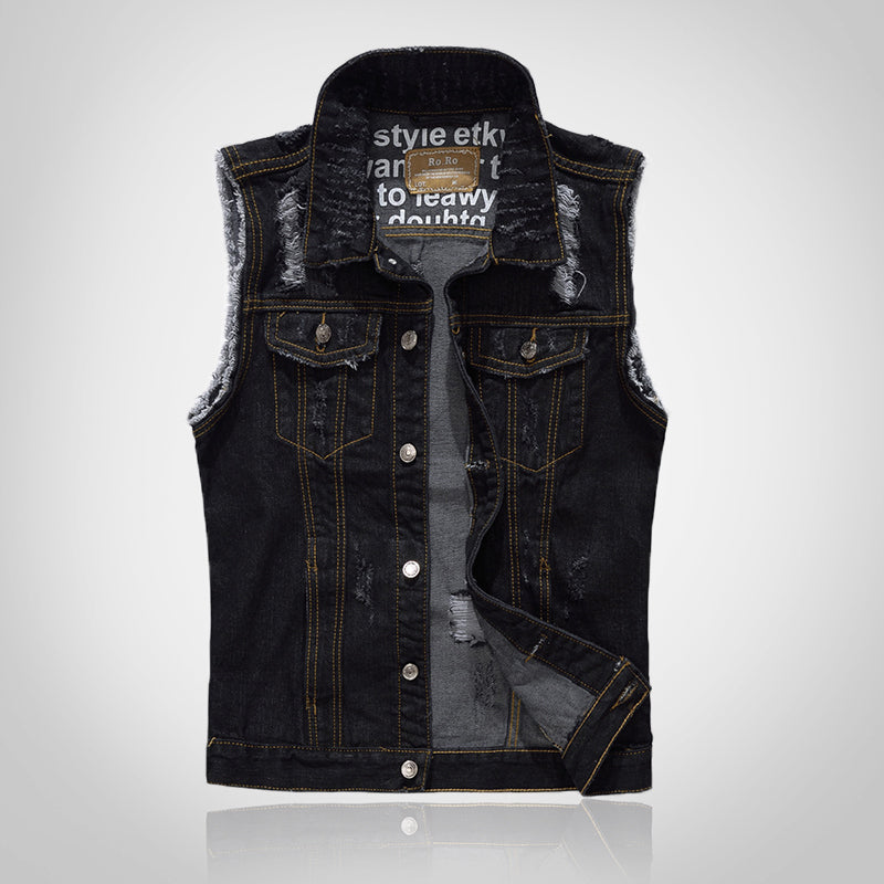 Black Ripped Motorcycle Denim Vest