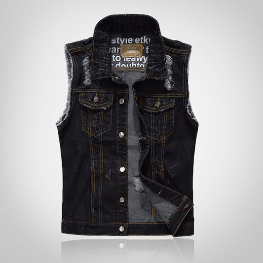 Black Ripped Motorcycle Denim Vest