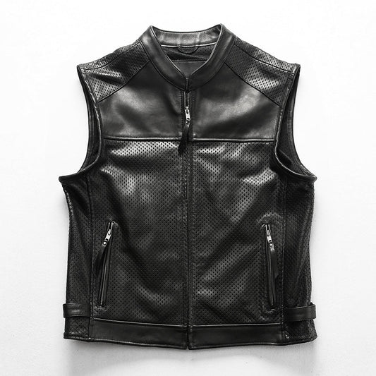 Motorcycle Mesh Cowhide Leather Vest