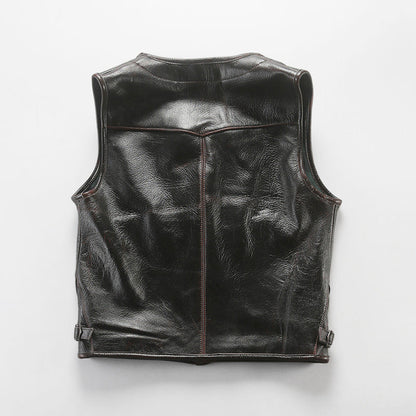 Retro Plaid Lining Cowhide Sleek Leather Vest