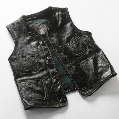 Retro Plaid Lining Cowhide Sleek Leather Vest