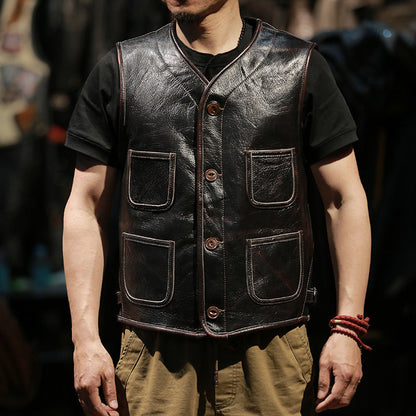 Retro Plaid Lining Cowhide Sleek Leather Vest