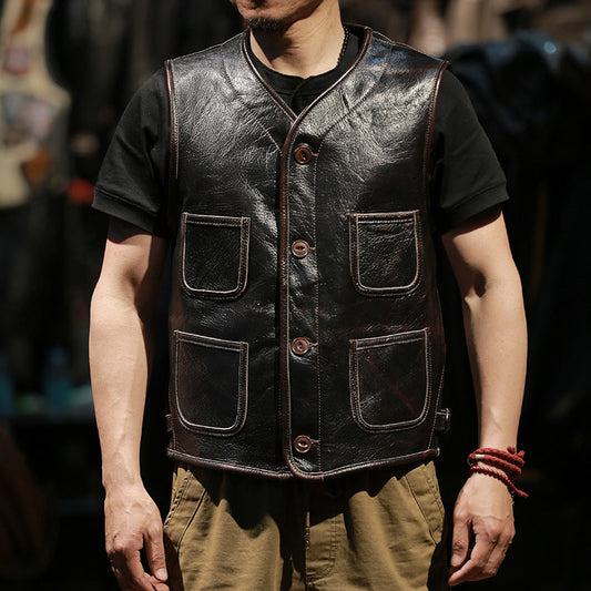 Retro Plaid Lining Cowhide Sleek Leather Vest