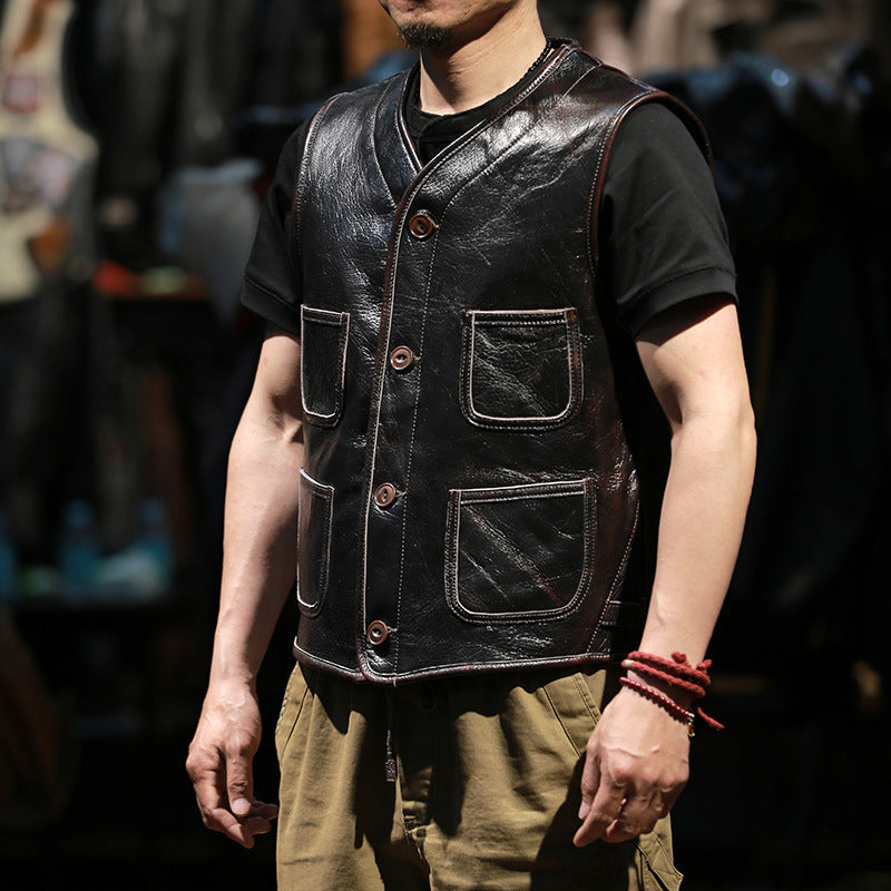Retro Plaid Lining Cowhide Sleek Leather Vest