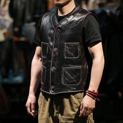 Retro Plaid Lining Cowhide Sleek Leather Vest
