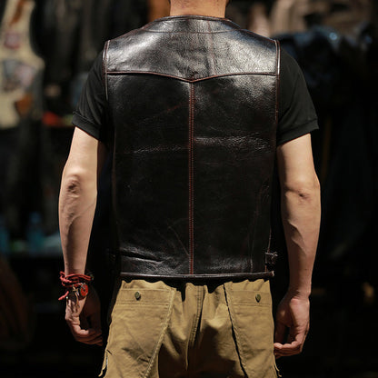 Retro Plaid Lining Cowhide Sleek Leather Vest