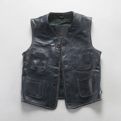 Retro Plaid Lining Cowhide Sleek Leather Vest