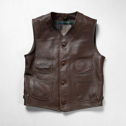 Retro Plaid Lining Cowhide Sleek Leather Vest