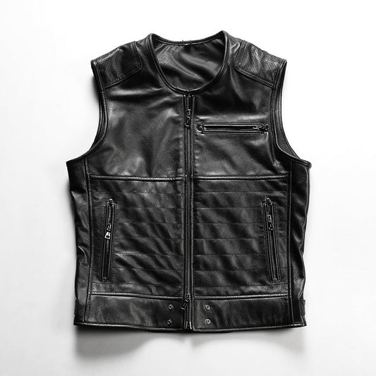 Striped Sew Double-Open Cowhide Leather Vest
